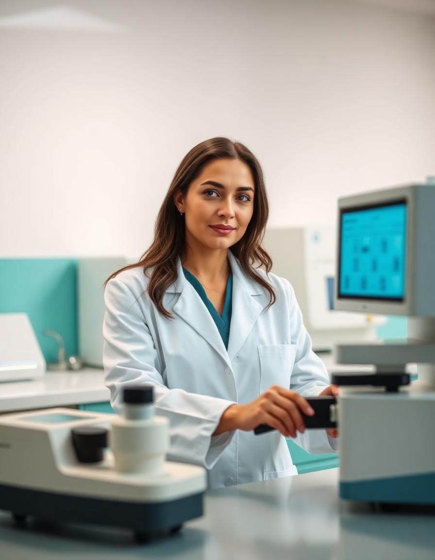 Profissional de laboratório operando analisador hematológico